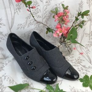 Patent toe side button gray heels,  studioworks